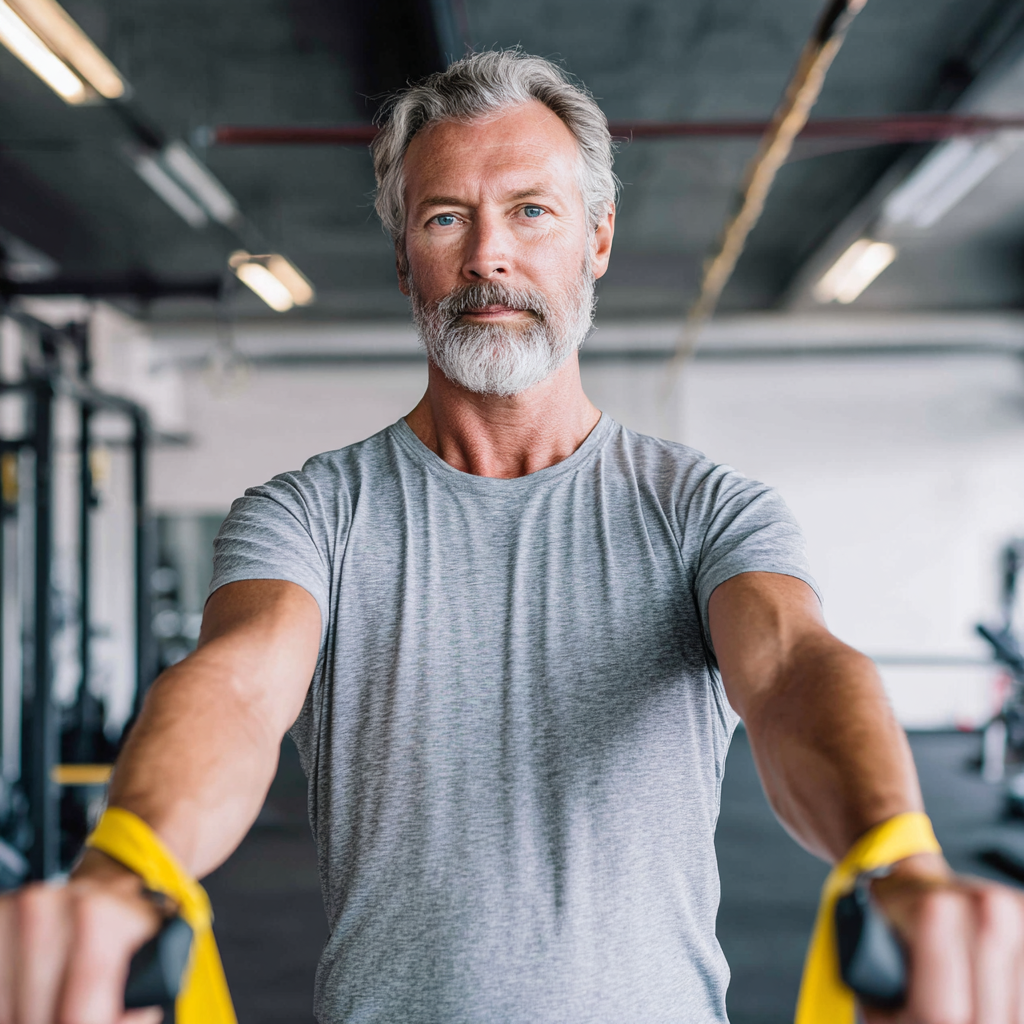 Middle-aged person performing functional exercises with resistance bands in spacious gym environment